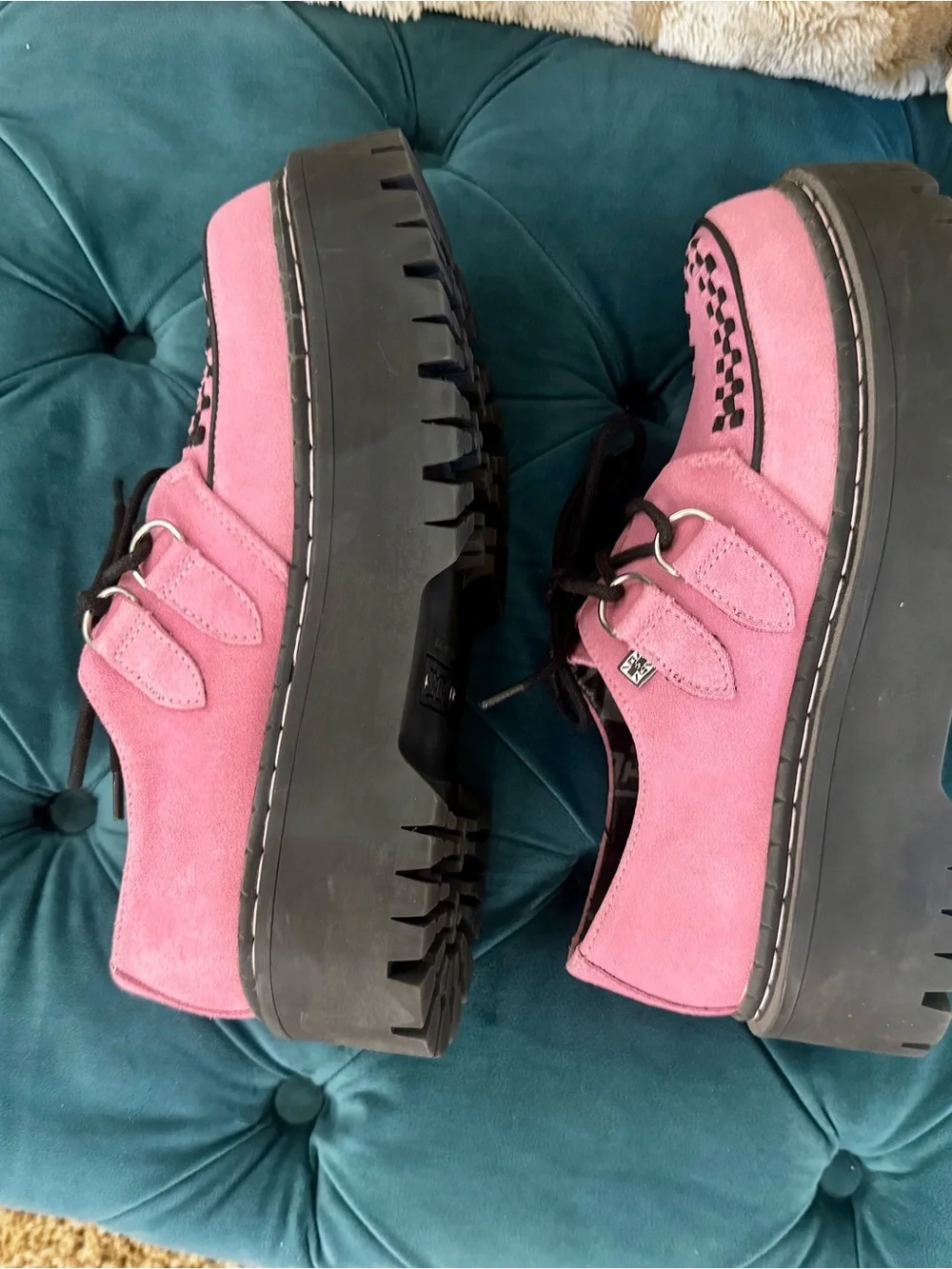 T.U.K. Pink Suede Platform Lace-Up Creepers with Black Accents